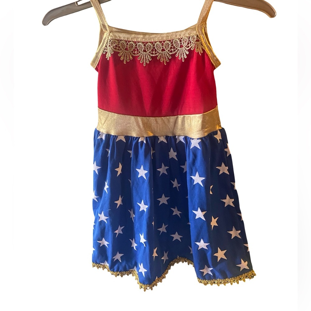 Red and Blue Star Pattern Dress with Gold Accents